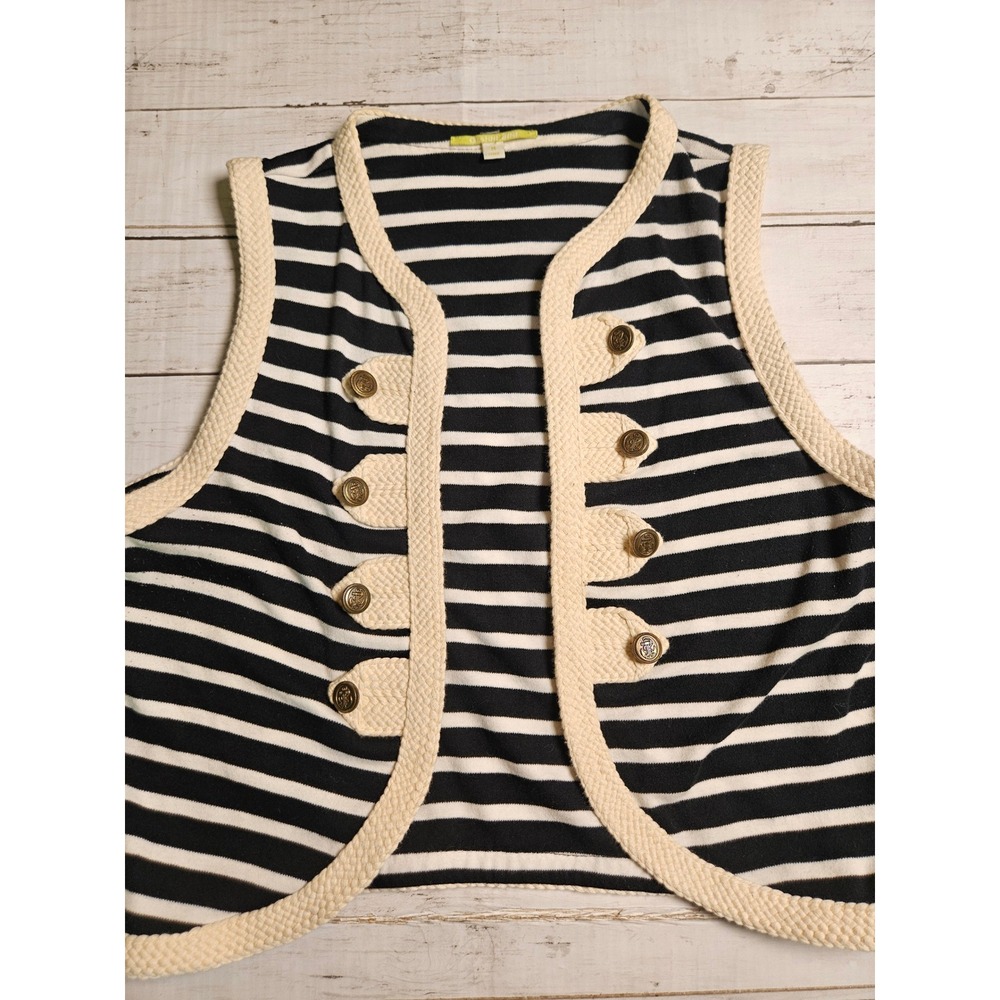 Gianni Bini Nautical Striped Knit Vest Black White Gold Button Military Medium‎